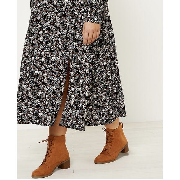 Ann Taylor LOFT Floral Midi Dress WMNS 2 Black Puff Sleeve High Neck Zip Slit LS - Picture 13 of 16